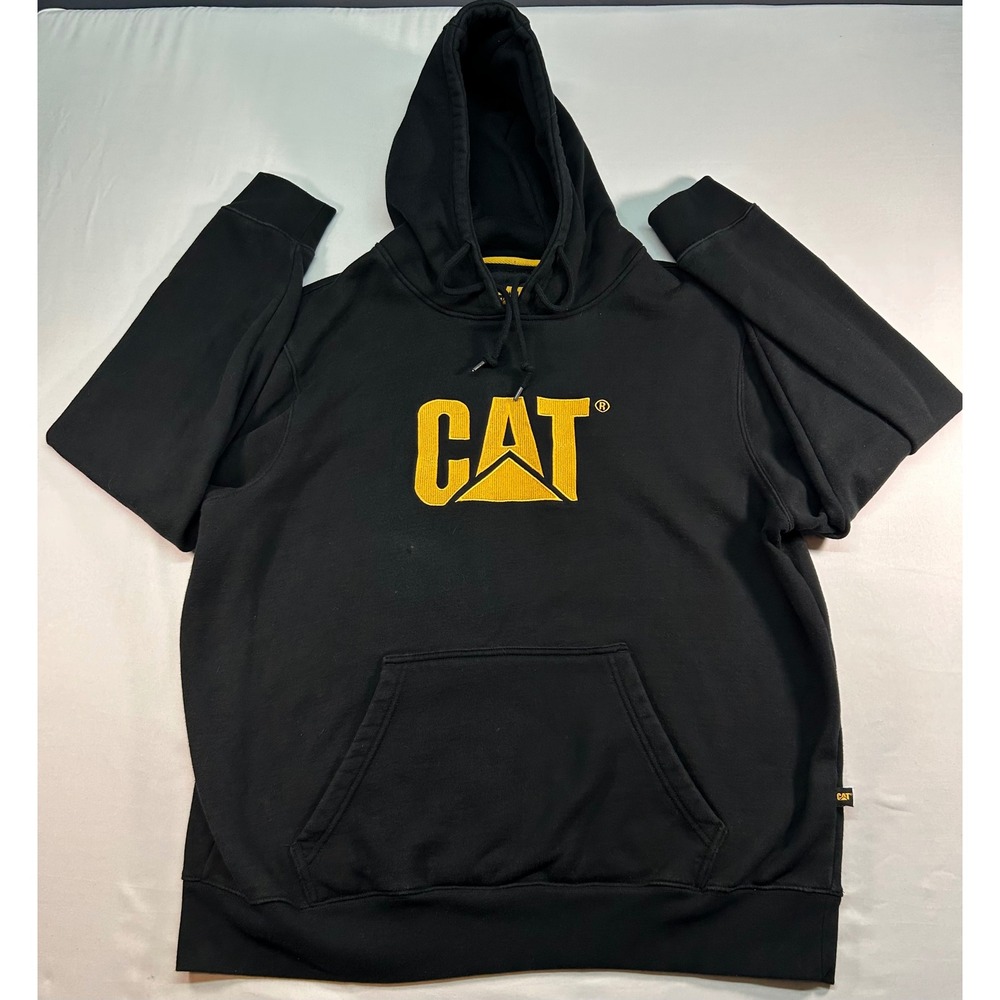 Caterpillar CAT Mens XXL Black Yellow Logo Graphic Pullover Hoodie Sweatshirt